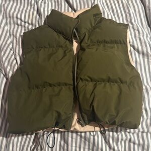 Khaki, green cream puffer vest with cinch strap at bottom - cropped ish